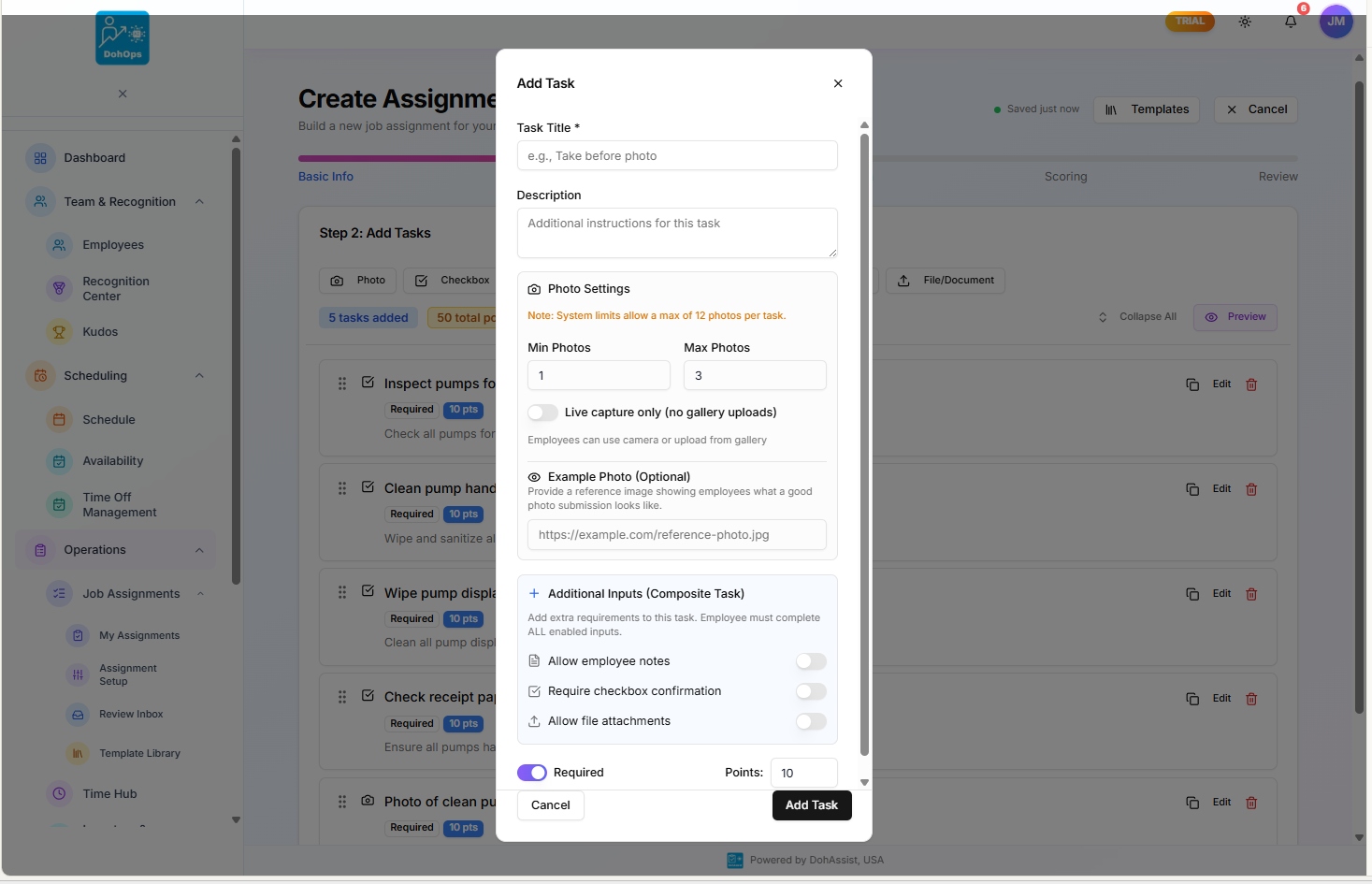 DohOps Add Task modal showing photo settings, min/max photos, live capture, and additional inputs