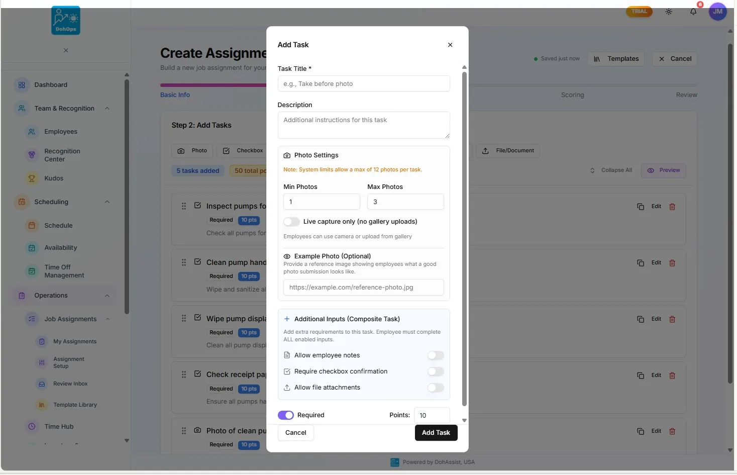 DohOps Add Task modal showing photo settings, min/max photos, live capture, and additional inputs