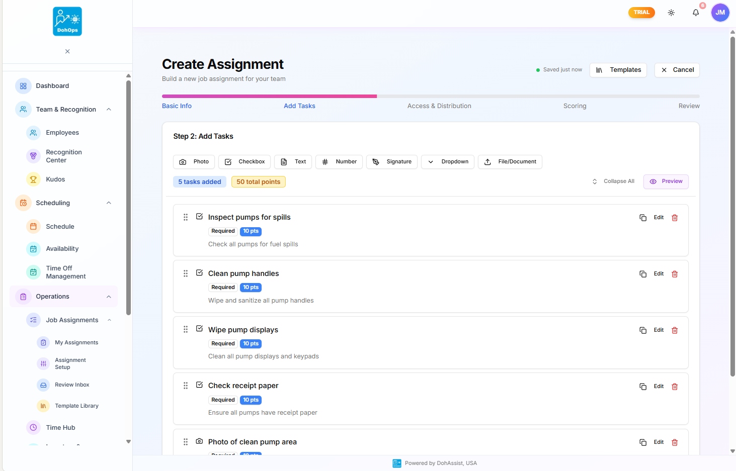 DohOps Create Assignment wizard Step 2 — Add Tasks panel showing 5 tasks added with 50 total points and photo-verification options