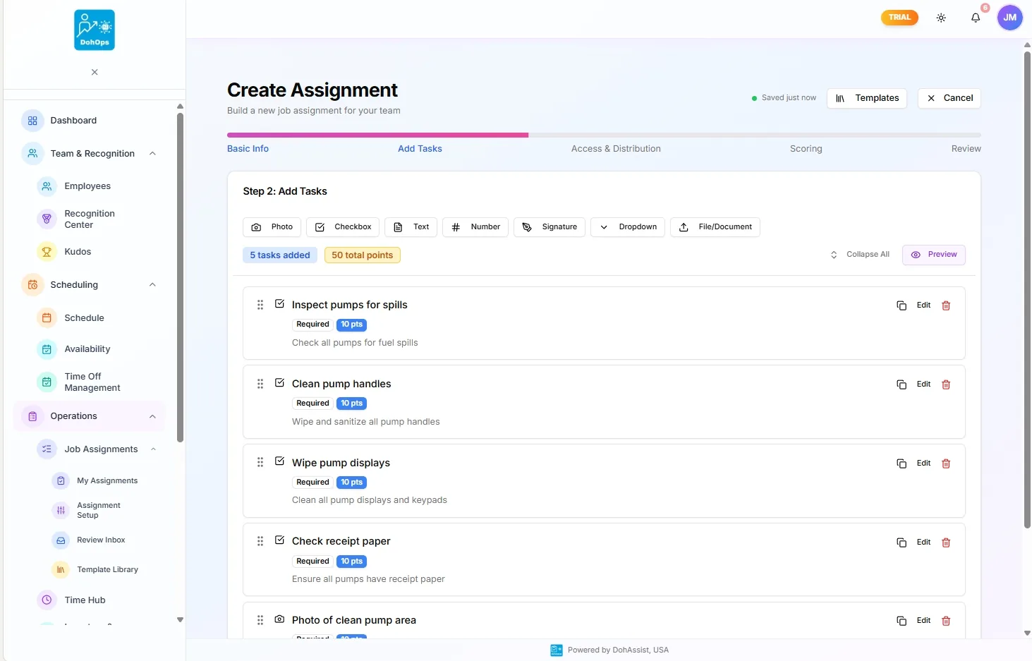 DohOps Create Assignment wizard Step 2 — Add Tasks panel showing 5 tasks added with 50 total points and photo-verification options