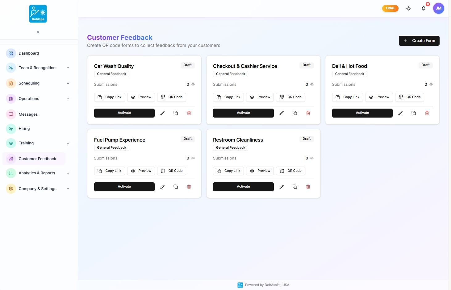 DohOps Customer Feedback form grid showing ratings for Car Wash Quality, Checkout & Cashier Service, Deli & Hot Food, Fuel Pump Experience, and Restroom Cleanliness