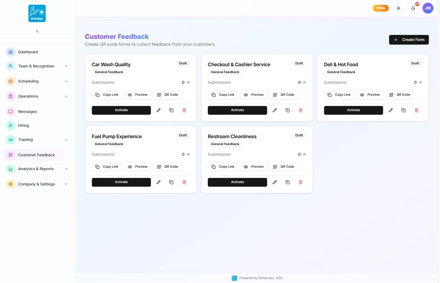 DohOps Customer Feedback form grid covering Car Wash Quality, Checkout & Cashier Service, Deli & Hot Food, Fuel Pump Experience, and Restroom Cleanliness