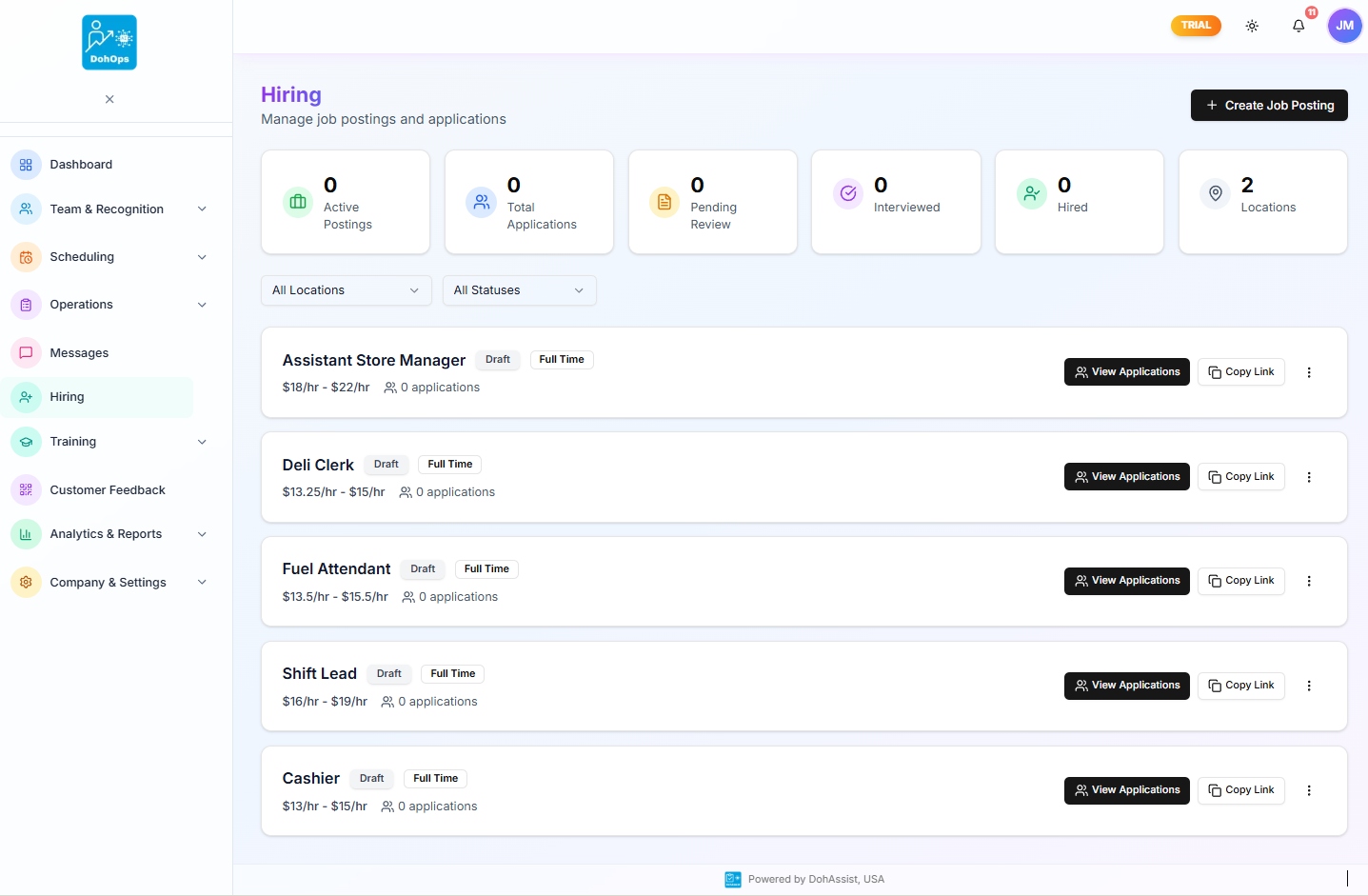 DohOps Hiring portal showing 5 job postings including Assistant Store Manager at $18-22/hr, Deli Clerk, Fuel Attendant, Shift Lead, and Cashier