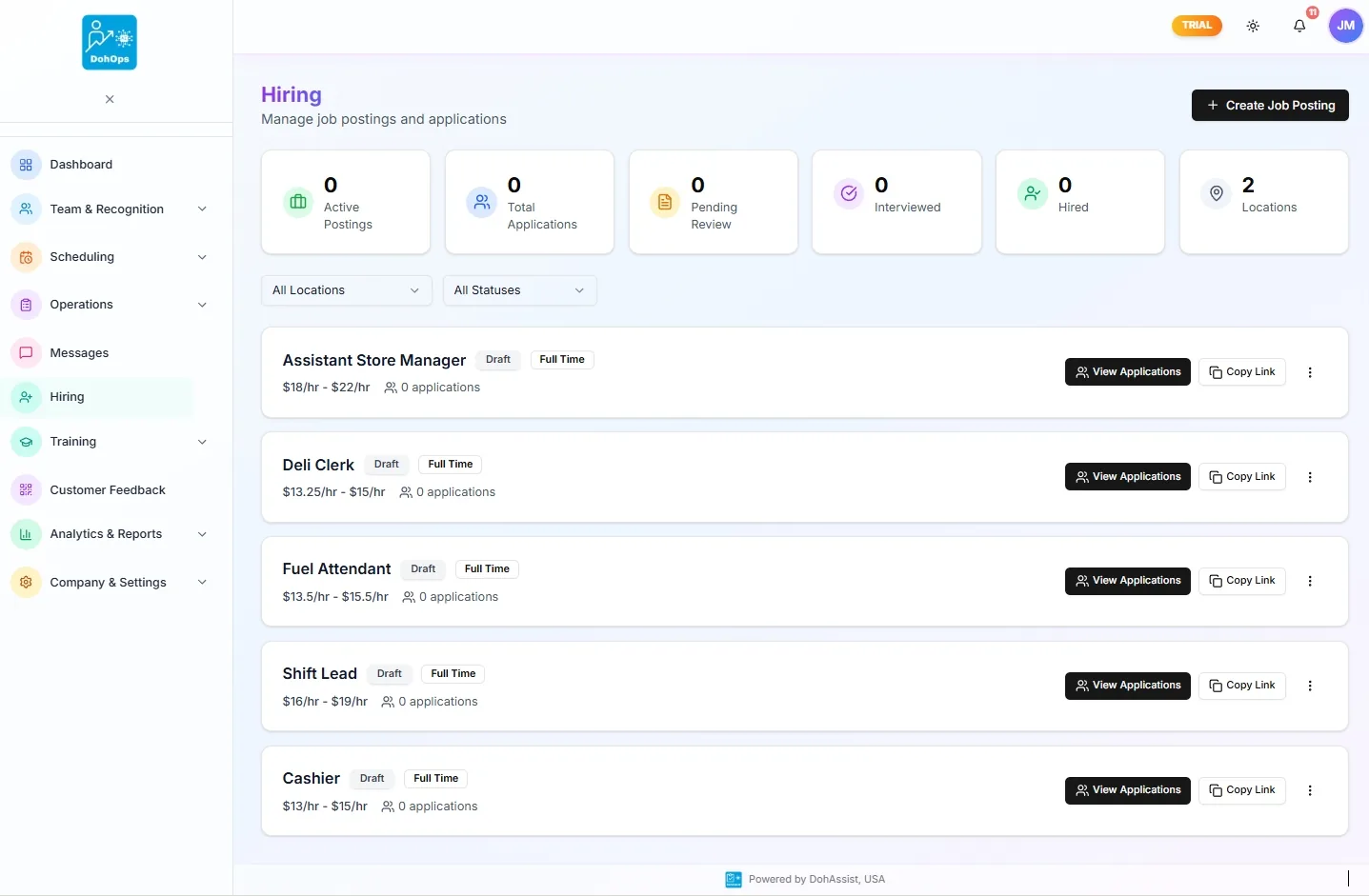 DohOps Hiring kanban showing applicants moving through stages from new to hired
