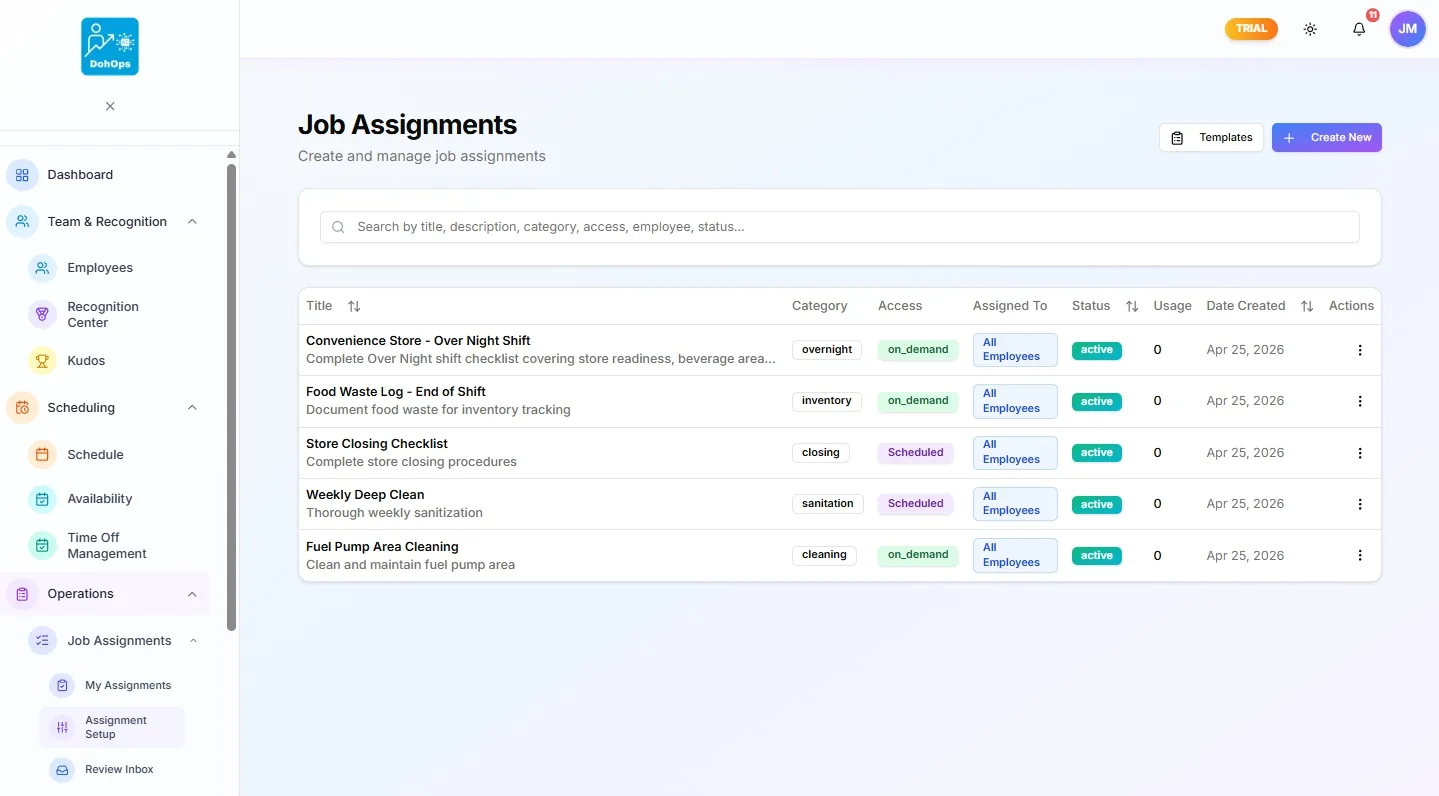 DohOps Job Assignments board showing recurring tasks across stores with photo verification status