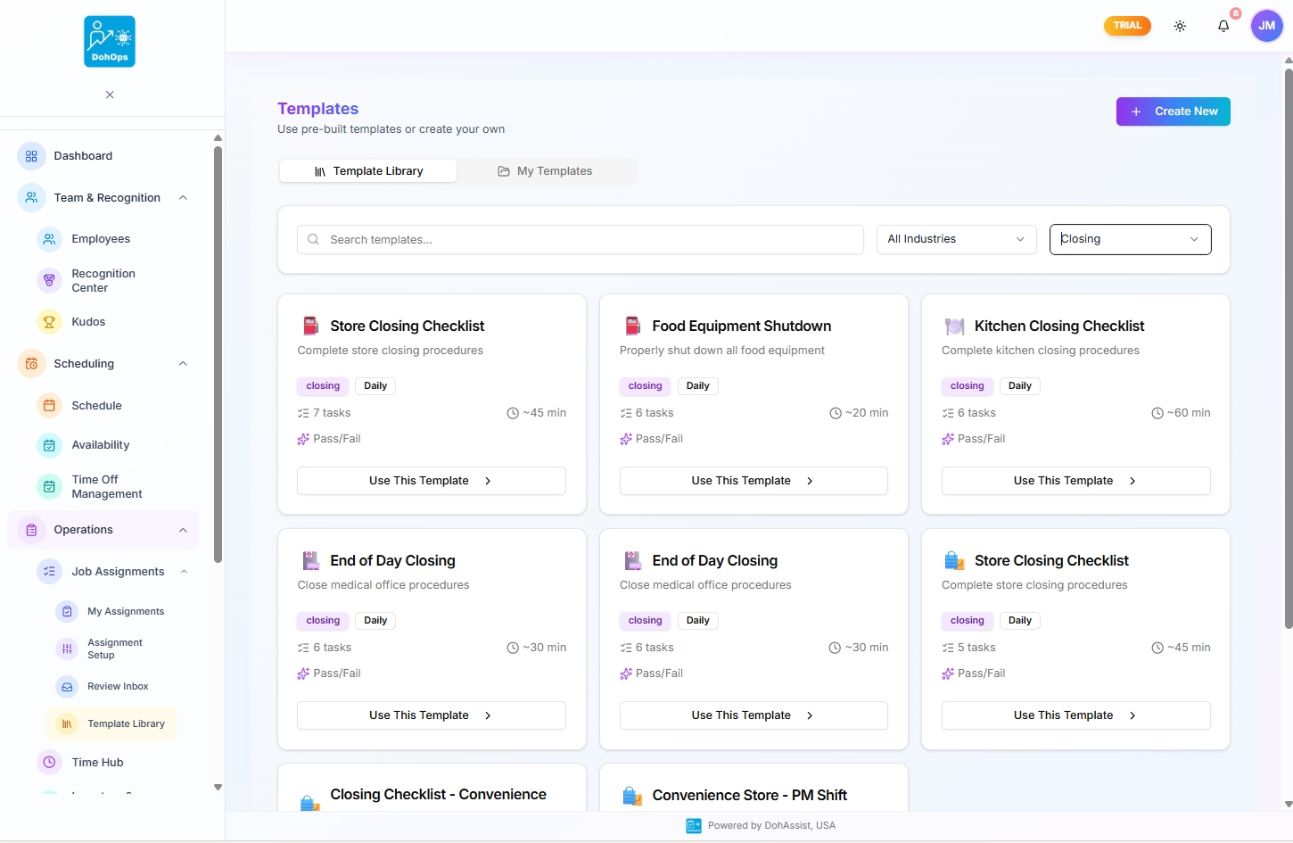 DohOps Template Library filtered to Closing category showing Store Closing Checklist, Food Equipment Shutdown, Kitchen Closing Checklist, and End of Day Closing variants