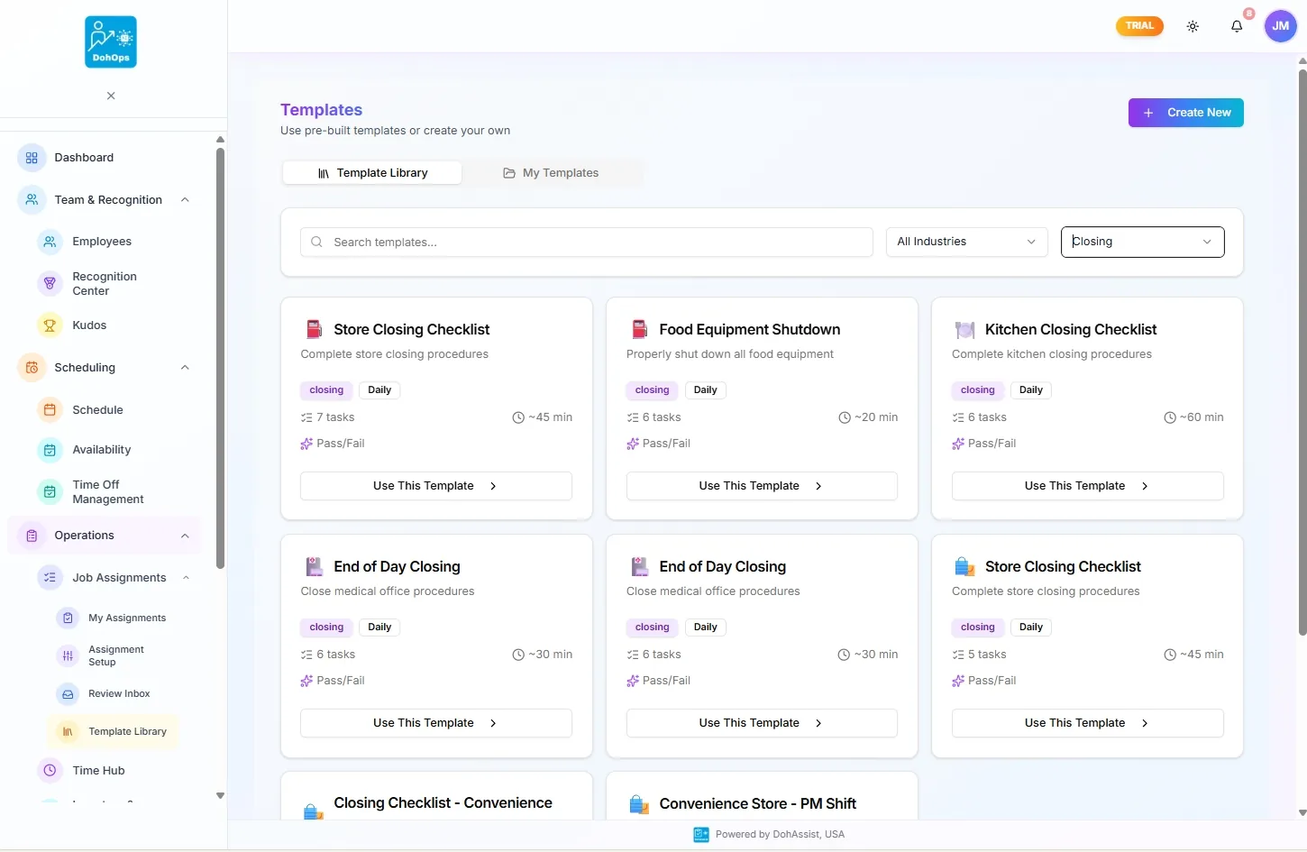 DohOps Template Library filtered to Closing category showing Store Closing Checklist, Food Equipment Shutdown, Kitchen Closing Checklist, and End of Day Closing variants
