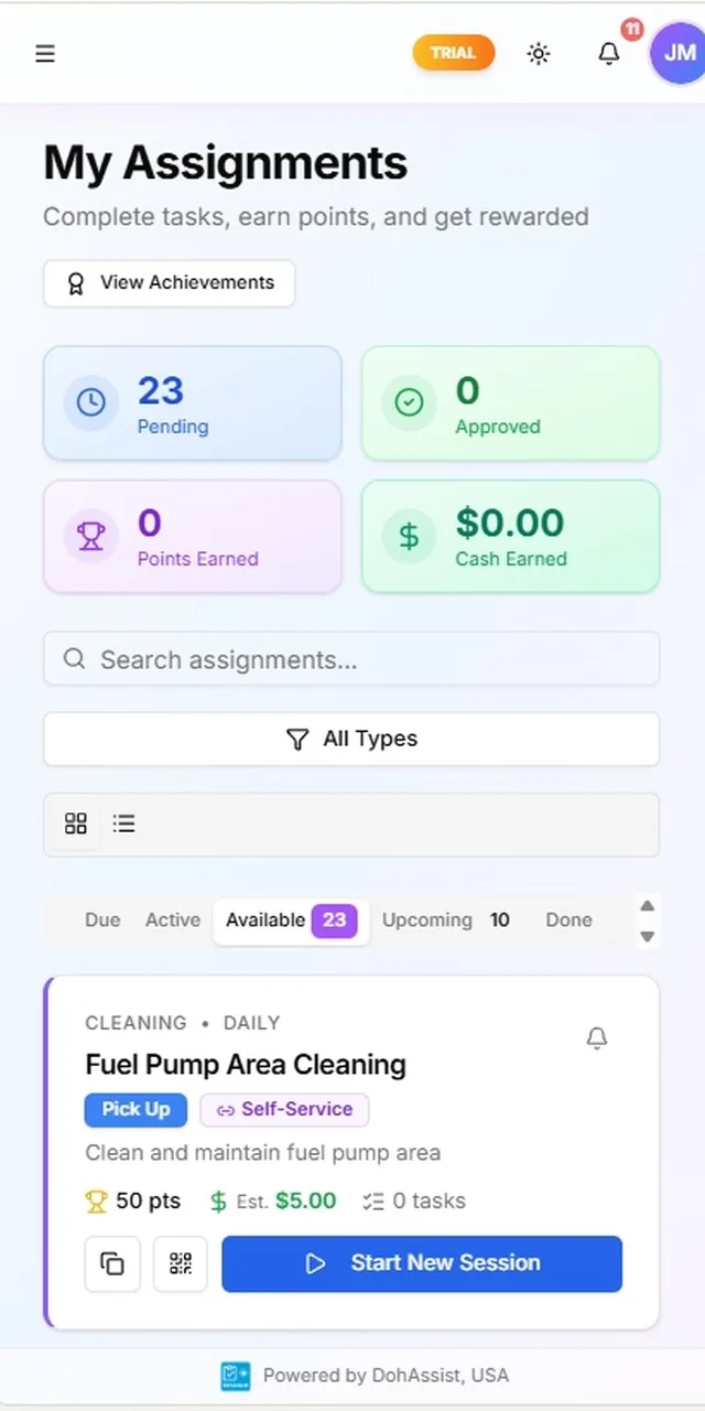 DohOps mobile app My Assignments screen showing pending tasks, points earned, and Start New Session button for cleaning checklist