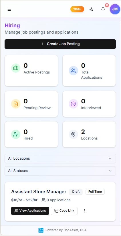 DohOps mobile Hiring page showing Assistant Store Manager $18-22/hr posting card