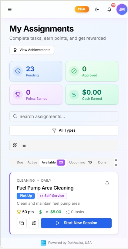 DohOps mobile My Assignments cards showing active task assignments with point values