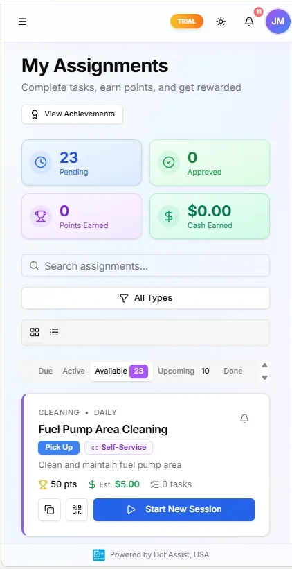 DohOps mobile My Assignments cards showing active task assignments with point values