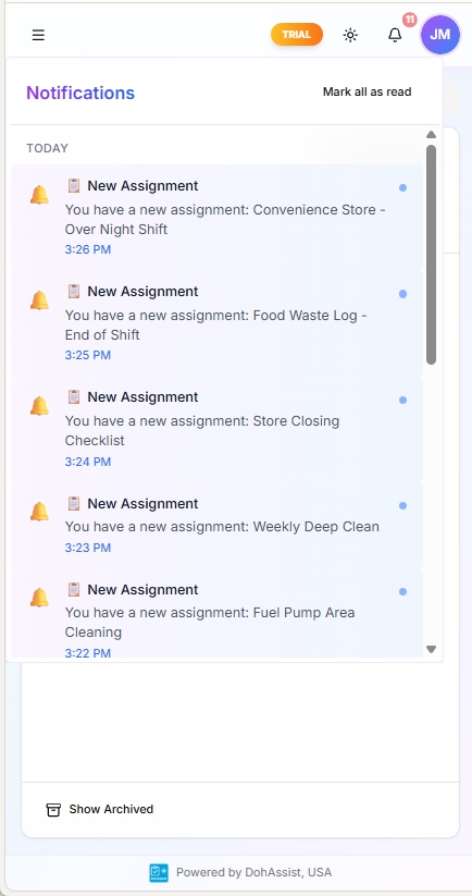 DohOps mobile Notifications panel showing 5 New Assignment alerts