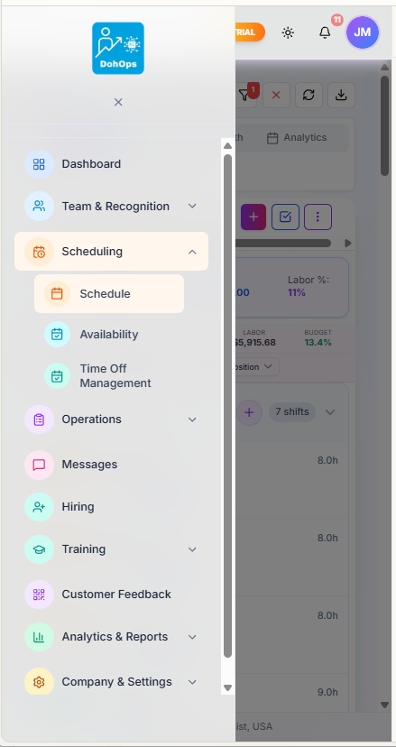 DohOps mobile sidebar navigation drawer showing Dashboard, Team & Recognition, and Scheduling options